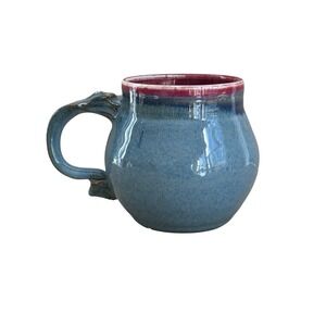 studio Pottery Blue Mug Cranberry Rim Hand Thrown Stoneware Bennington Style‎